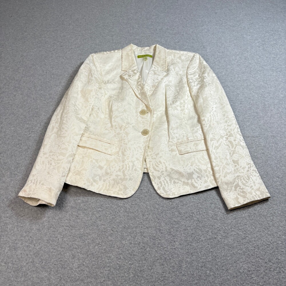 Sigrid Olsen Linen Silk Blazer Woman 10 White Floral Satin Jacket Coastal Boho